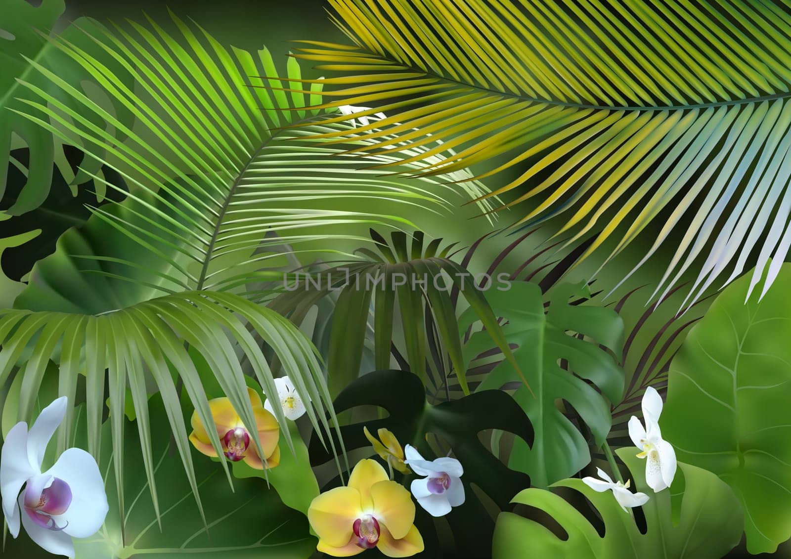 Tropical Background with Photorealistic Vegetation - Exotic Flowers with Detailed Tropical Plants and Blurred Jungle