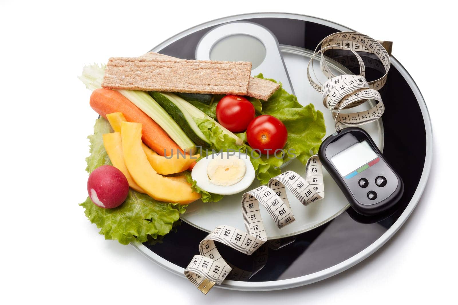 Still life with healthy food, scales, measuring tape and blood glucose meter on white background. Concept: control of level glucose. Healthy lifestyle, healthy food, slimming
