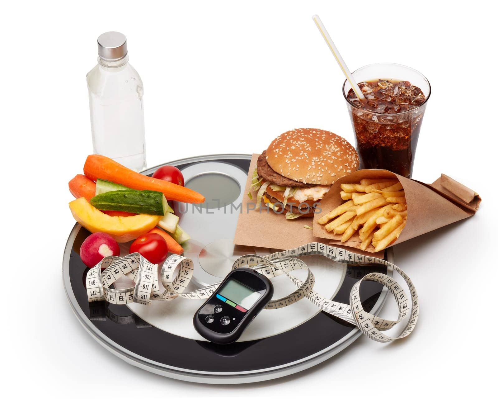 Still life with good and bad food, scales, measuring tape and blood glucose meter on white background. Concept of choice: Fast food or healthy food. Diabetes
