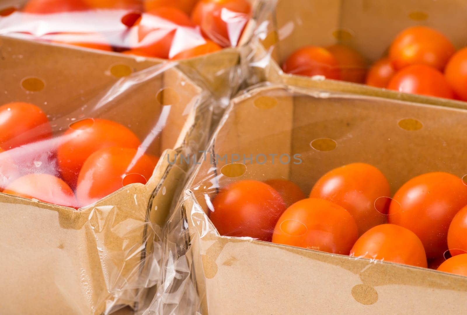 ripe cherry tomatoes packages in box and plastic close up and isolated on white background
