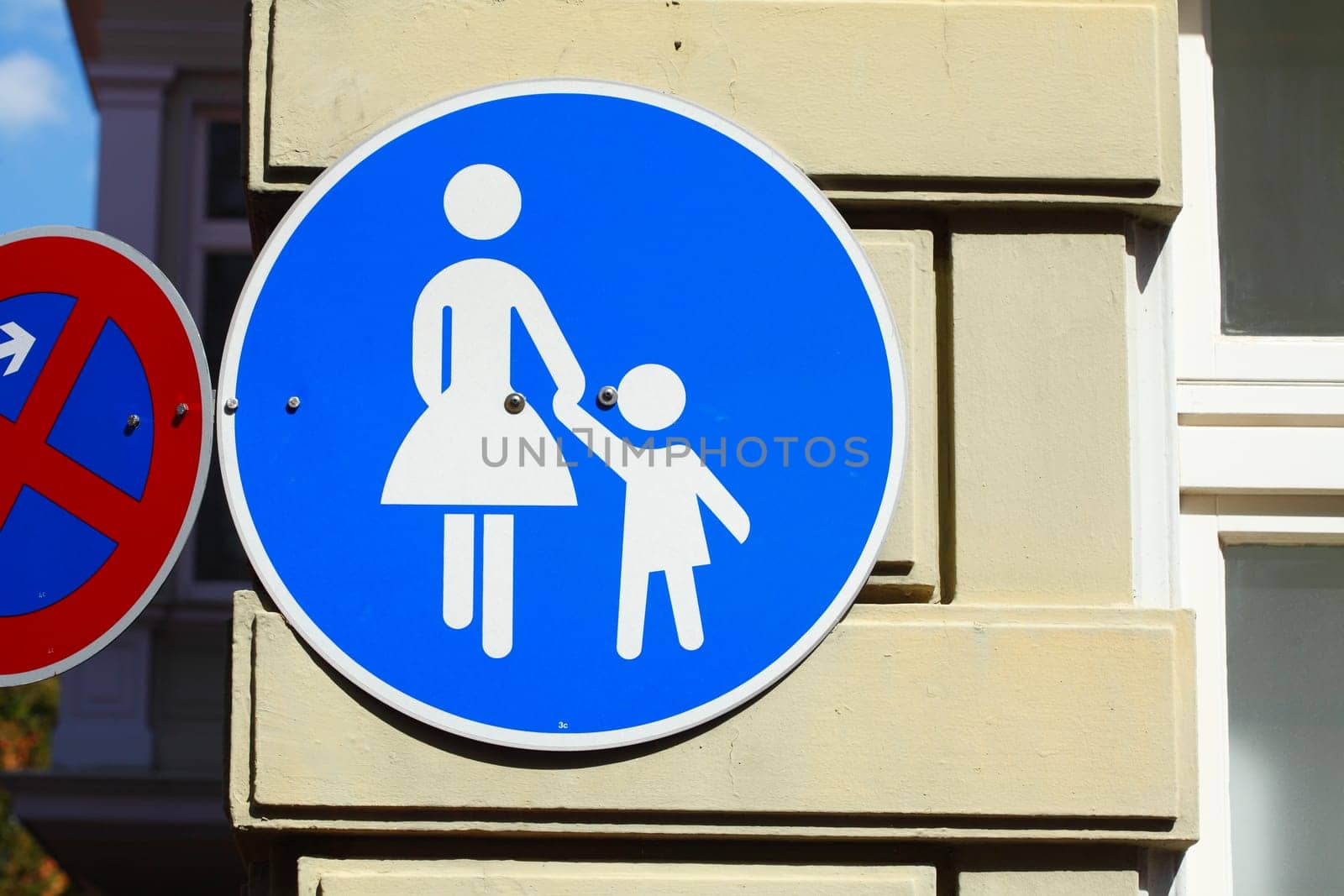 Road sign pedestrian path on a house wall, old town, Stade, Lower Saxony, Germany, Europe....