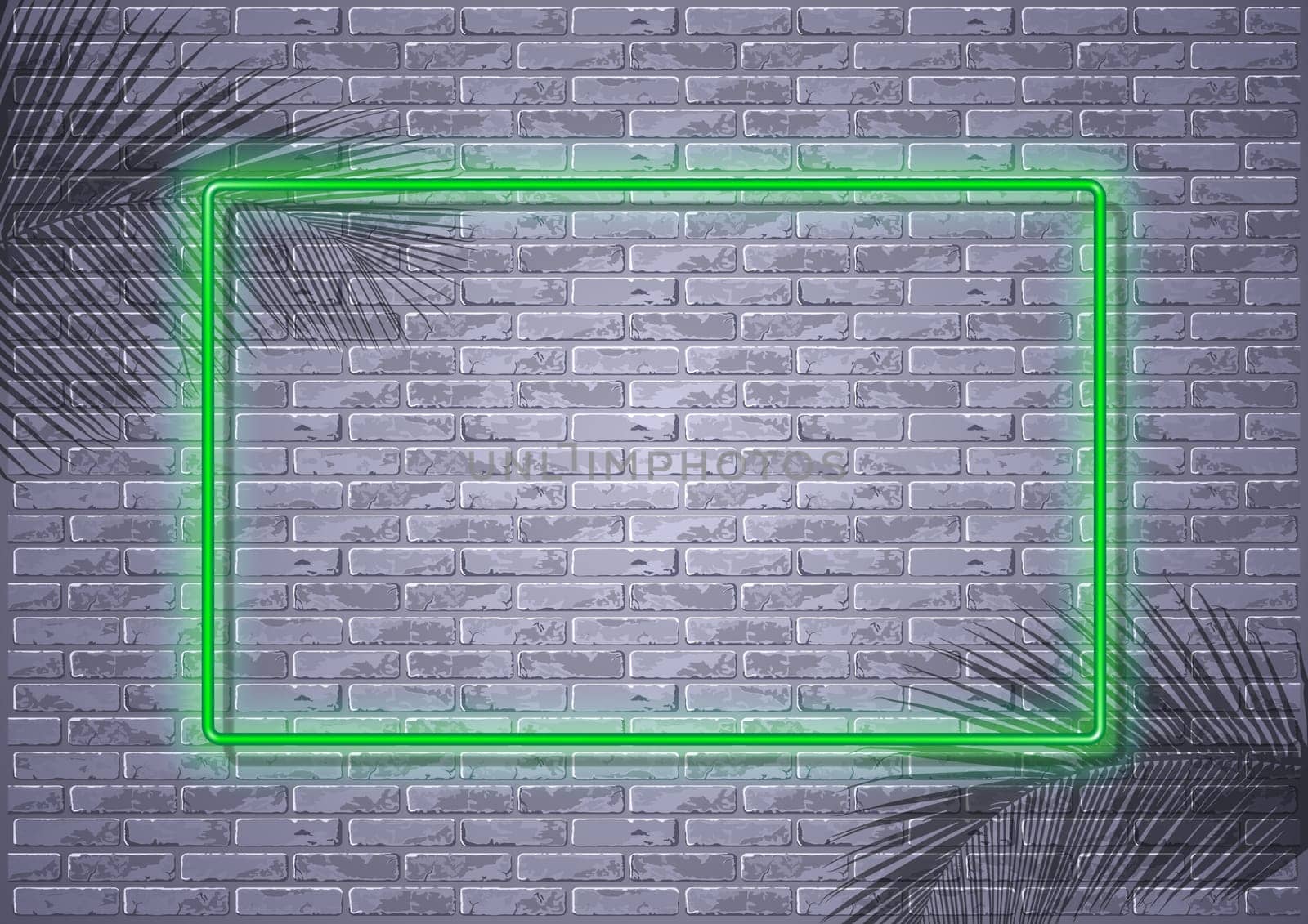 Green Neon Light Frame on Brick Wall and Palm Leaf Shadows - Tropical Background for Your Photo or Image, Illustration