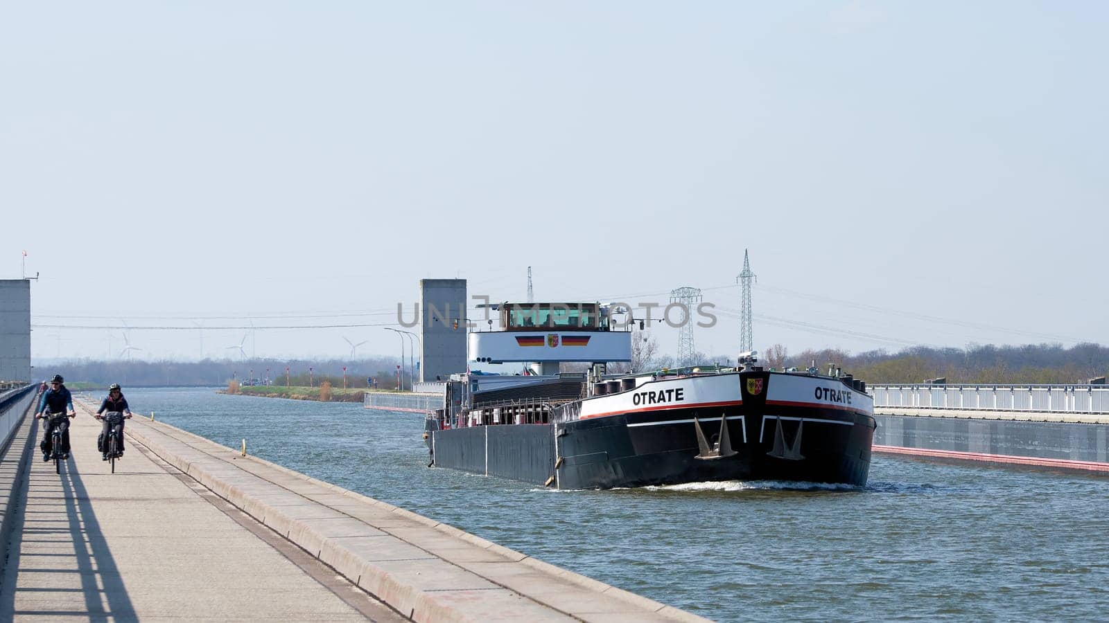 A cargo ship on the trough bridge completed in 2003 over the river Elbe near Hohenwarthe