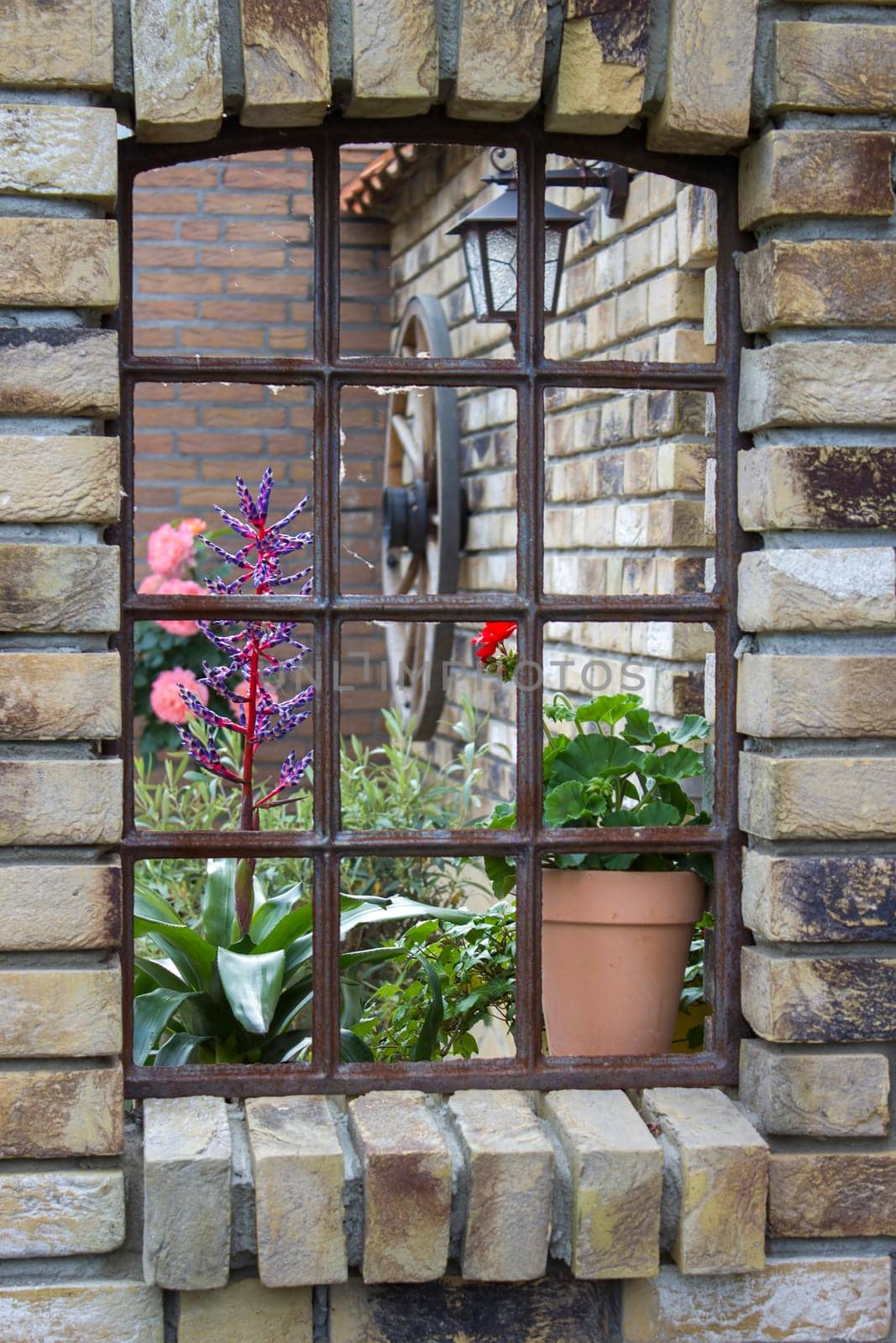 beautiful place in the garden in the mediterranean style, old window with flowers