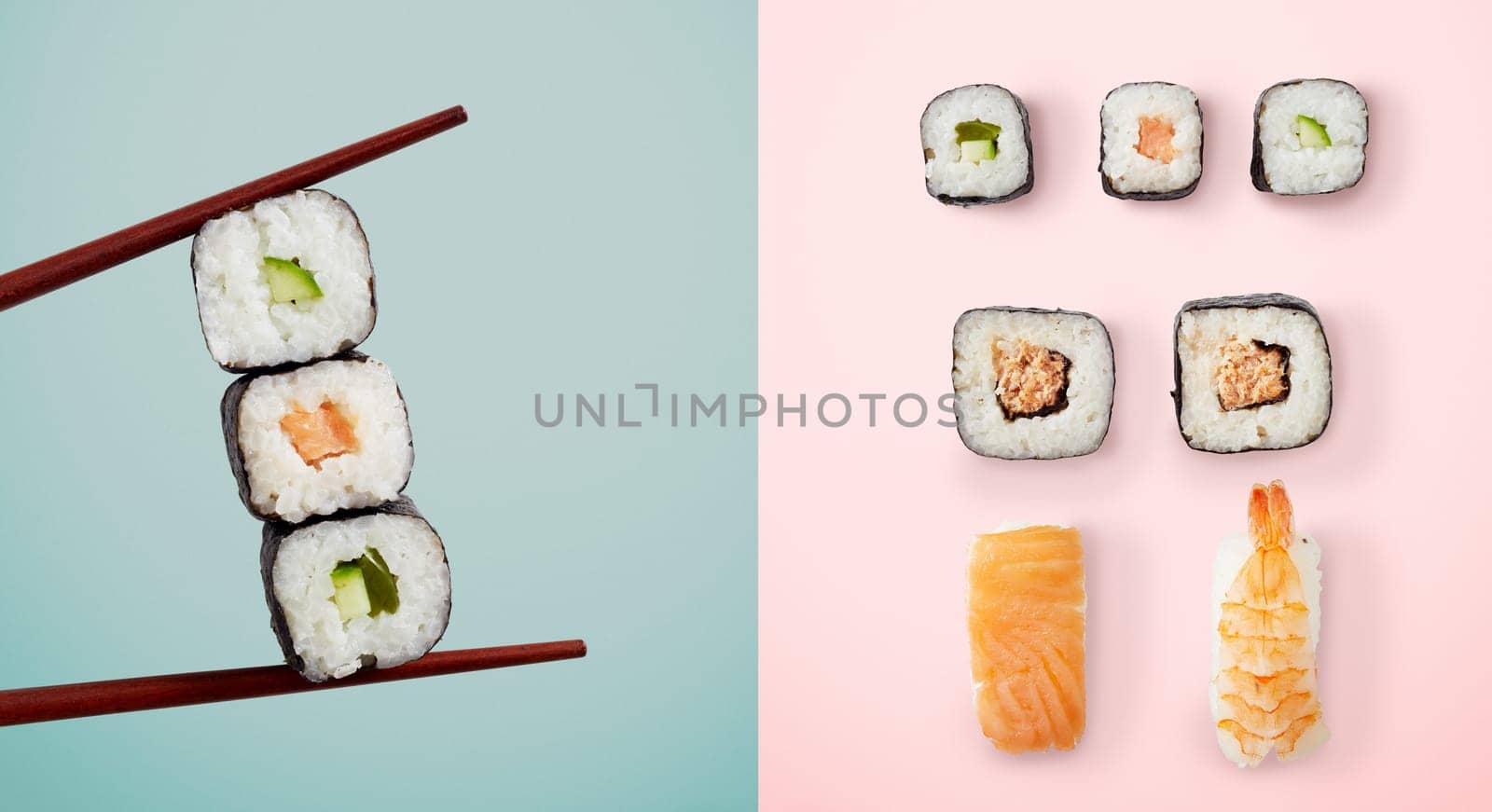 Chopsticks holding seaweed rolls filled with avocado and fish over blue and sushi over pink background