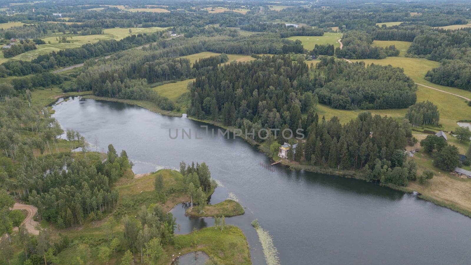 Amatciems lake Aerial drone top view Latvia