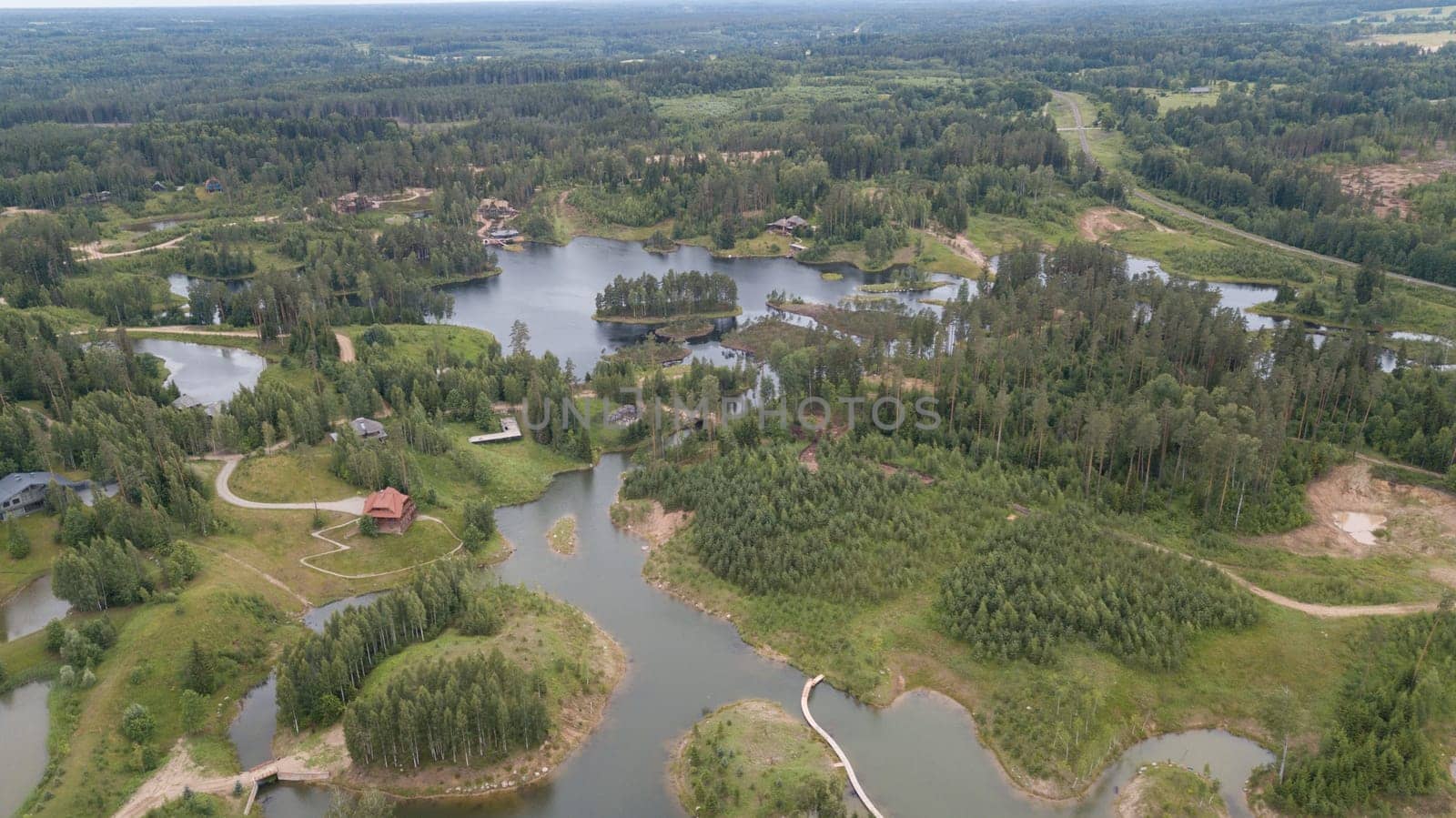 Amatciems lake Aerial drone top view Latvia