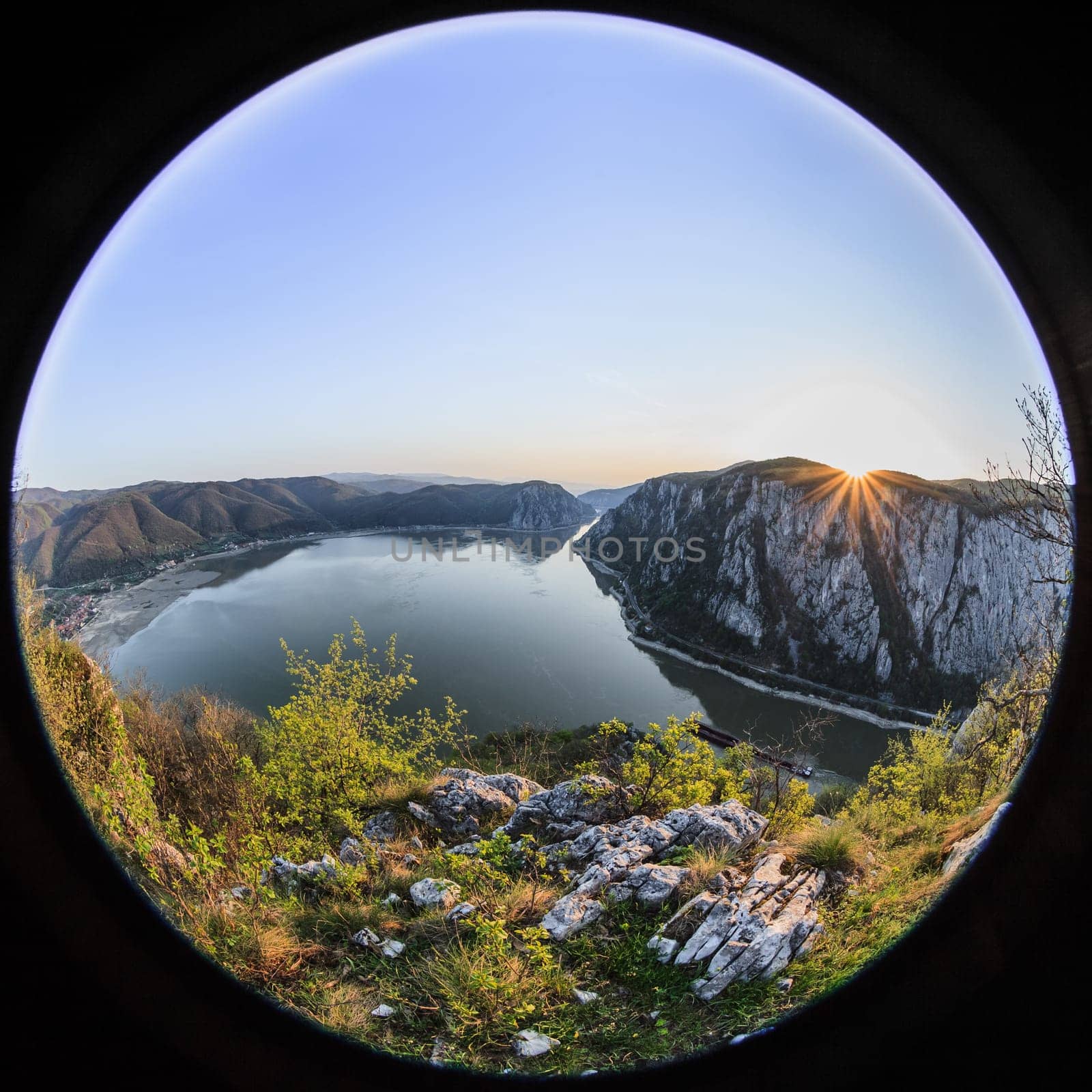 landscape in the Danube Gorges "Cazanele Mari"" seen from the Romanian side"
