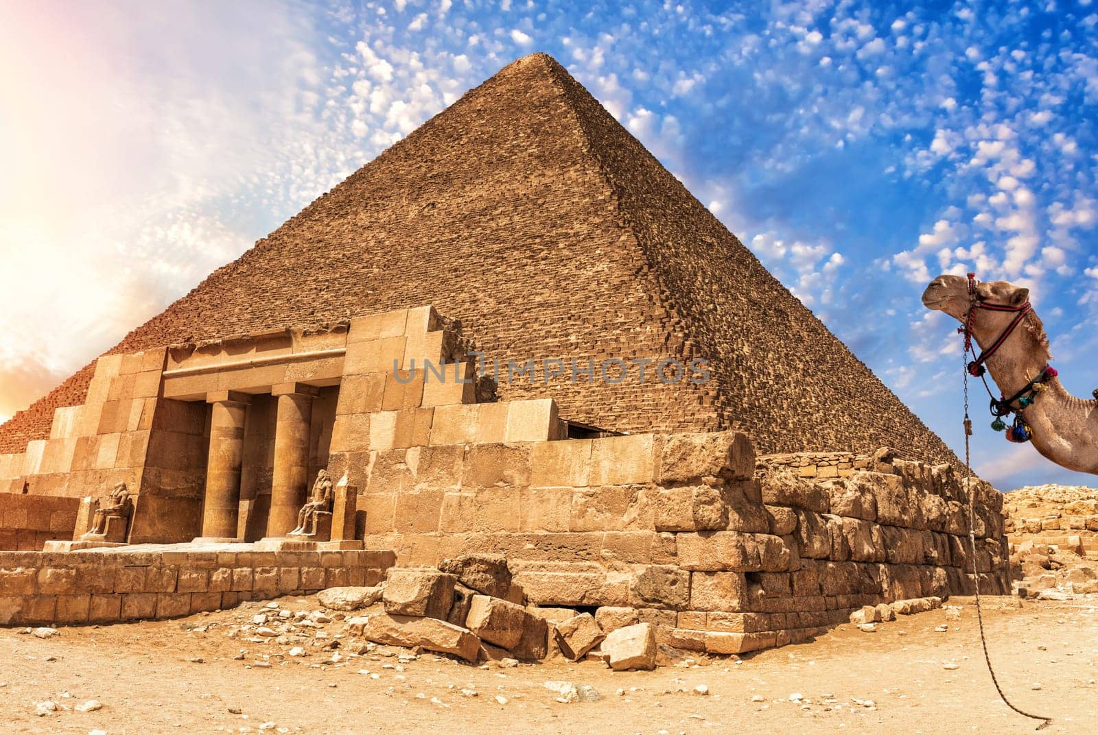 The Temple Complex of Giza and the Pyramid of Cheops, Egypt.