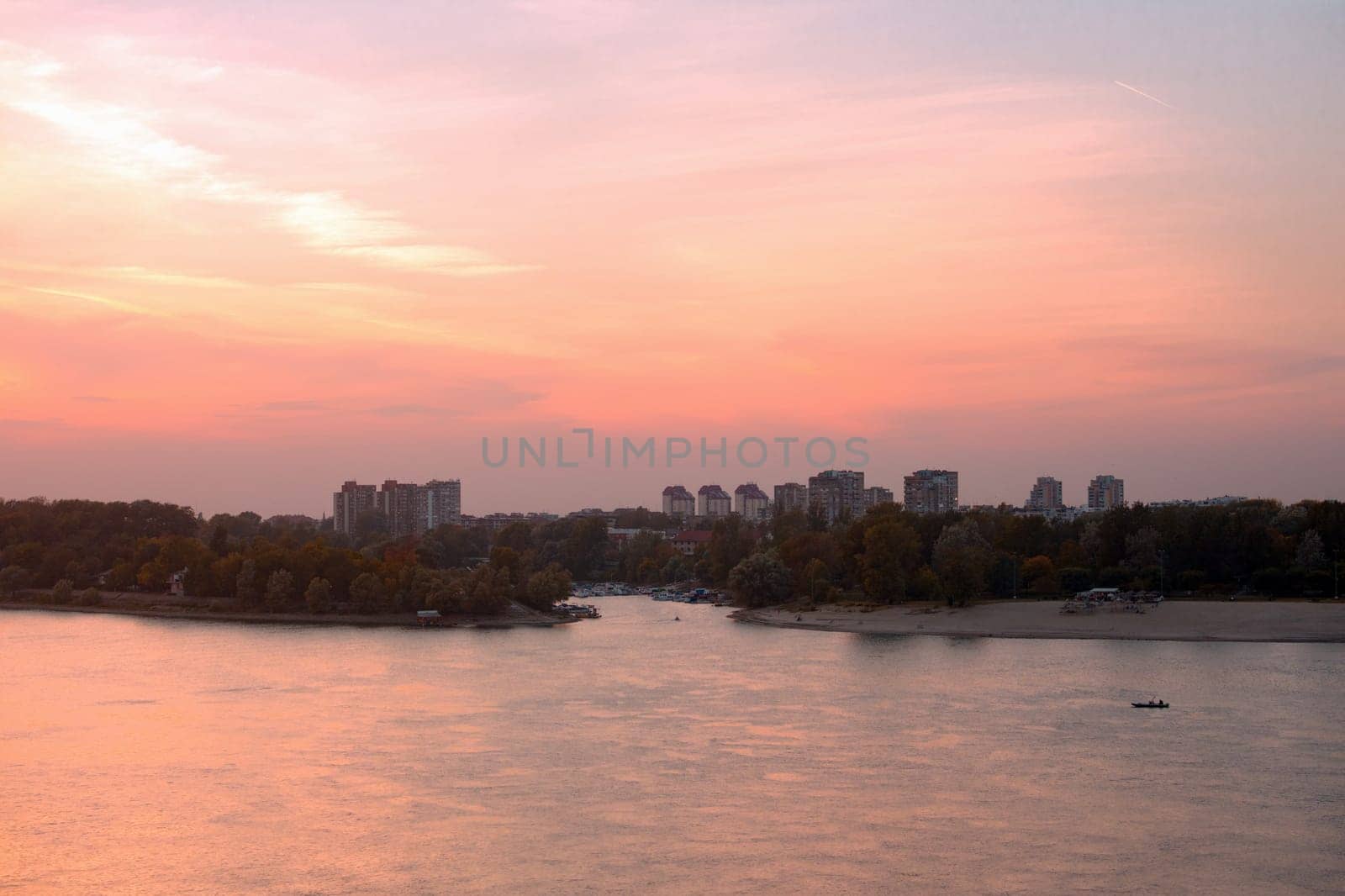 Beautiful sunset or twilight on the Danube river in Novi Sad in Serbia.