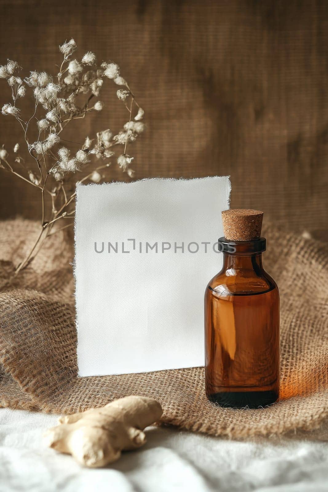 ginger oil extract in a small jar with a white tag, Generative AI, nature