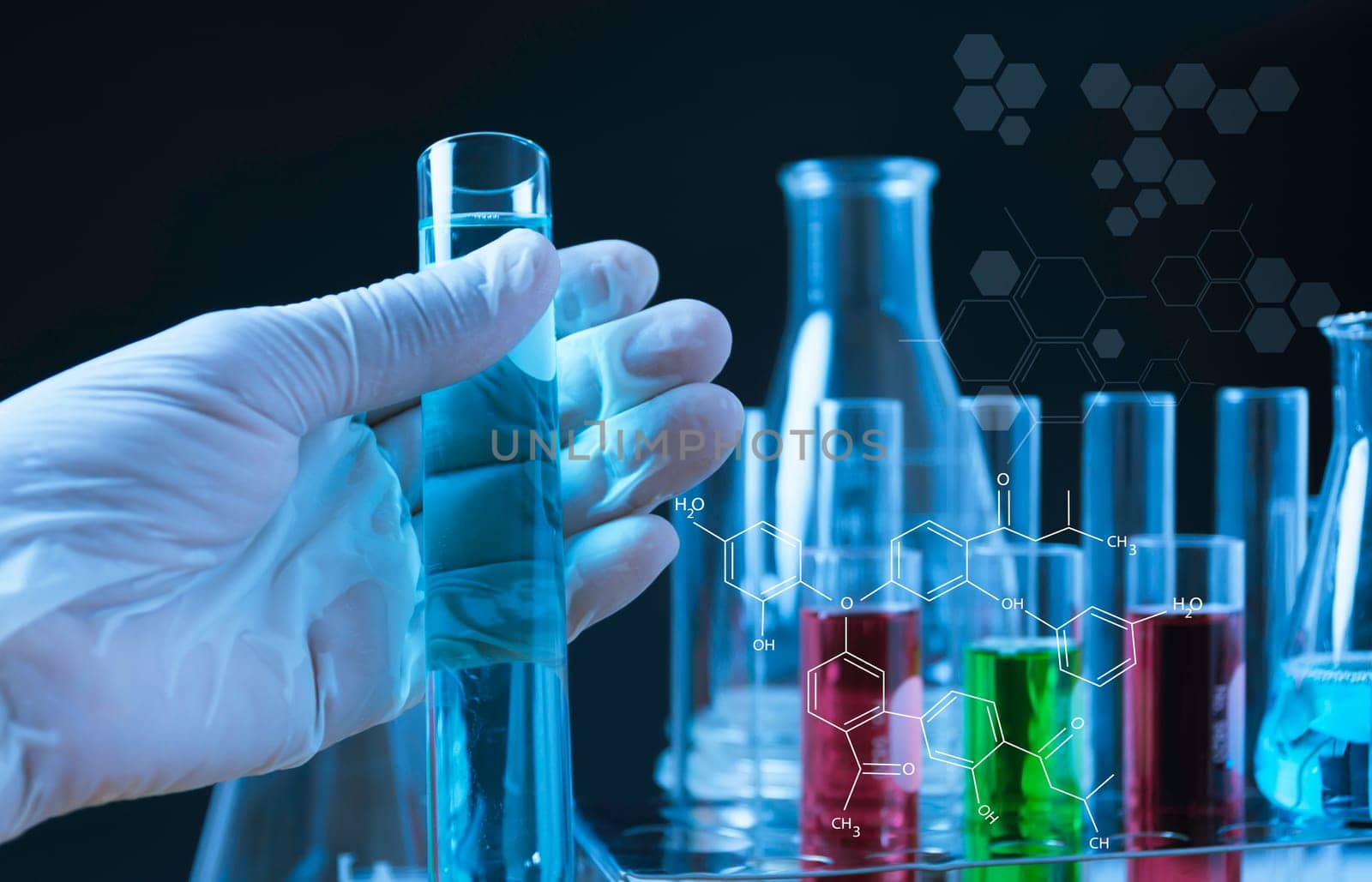 Glass laboratory chemical test tubes with liquid for analytical , medical, pharmaceutical and scientific research concept.