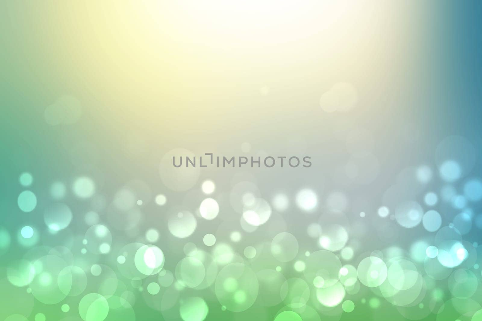 Abstract bright gradient motion spring or summer landscape texture background with natural green blue bokeh lights and yellow bright sunny sky. Beautiful backdrop with space for design.