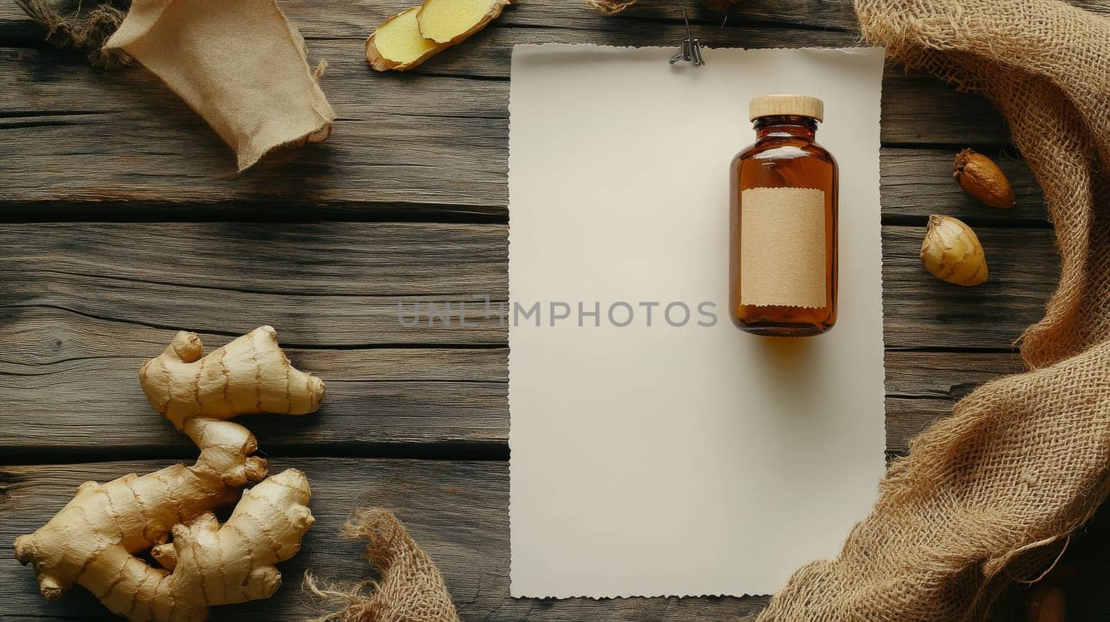 ginger oil extract in a small jar with a white tag, Generative AI, nature