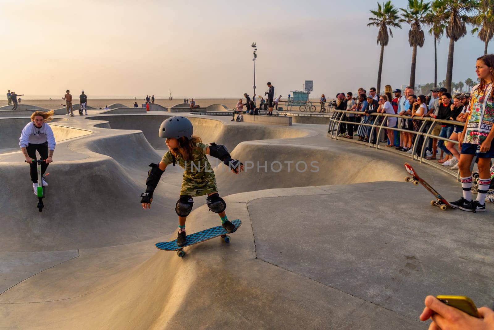 VENICE BEACH, CALIFORNIA - SEPTEMBER 30 : SKateboarder at the popular public skate board park at Venice Beach on September 30, 2018 in Los Angeles, California