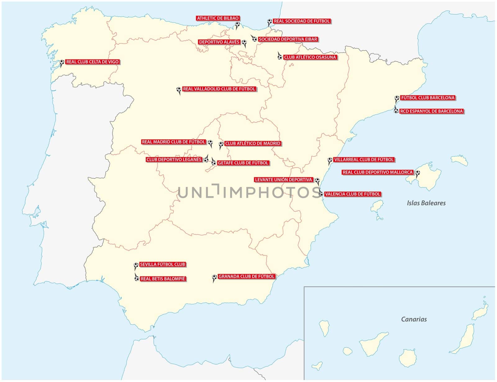 Map with the twenty clubs of the first Spanish Football League 2019 2020