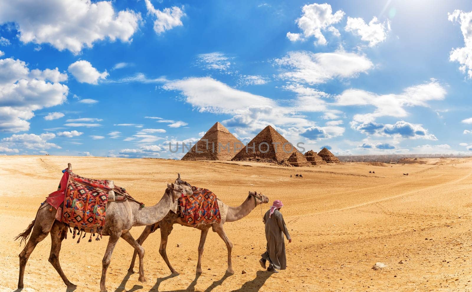 The bedouin in the desert near the Pyramids of Egypt .
