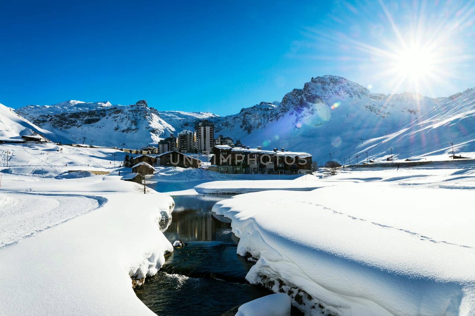 Llandscape and ski resort in French Alps,Tignes, Le Clavet, Tarentaise, France