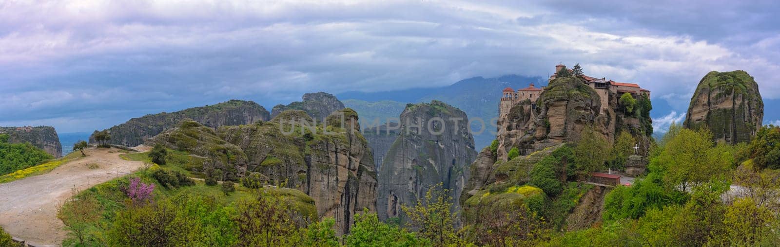 Panoramic view of the stunningly located on top of a rock The Monastery of Varlaam, Meteora, Greece