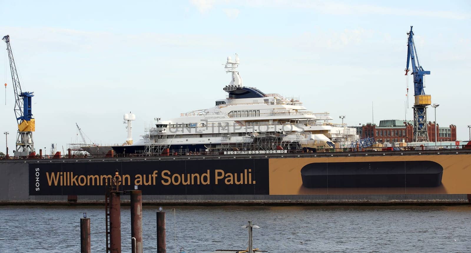 Octopus is a 414-foot (126 m) megayacht owned by the estate of the passed away  Microsoft co-founder Paul Allen  in the Dock from Blohm and Voss - Port  Hamburg on 30.06.2019