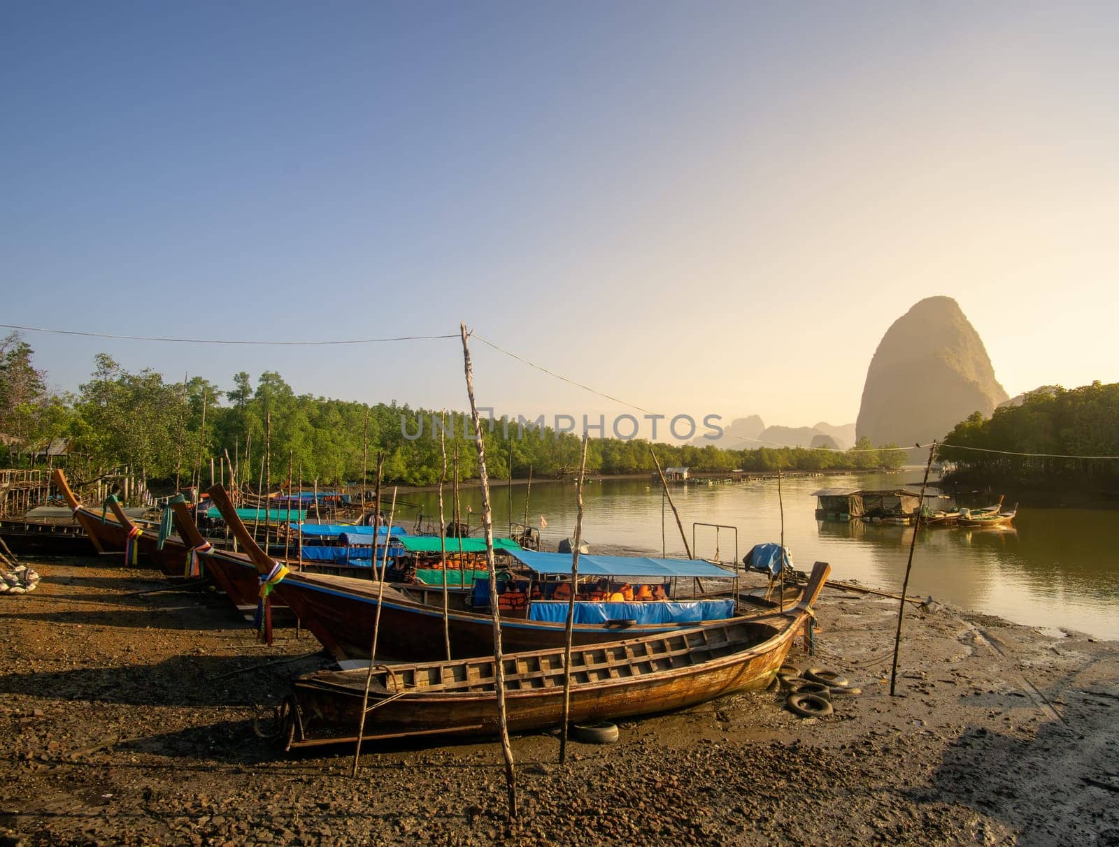 Boat for tourists goes to see the mountains and nature..Pier Ban Hin Lom in Phang Nga, Thailand