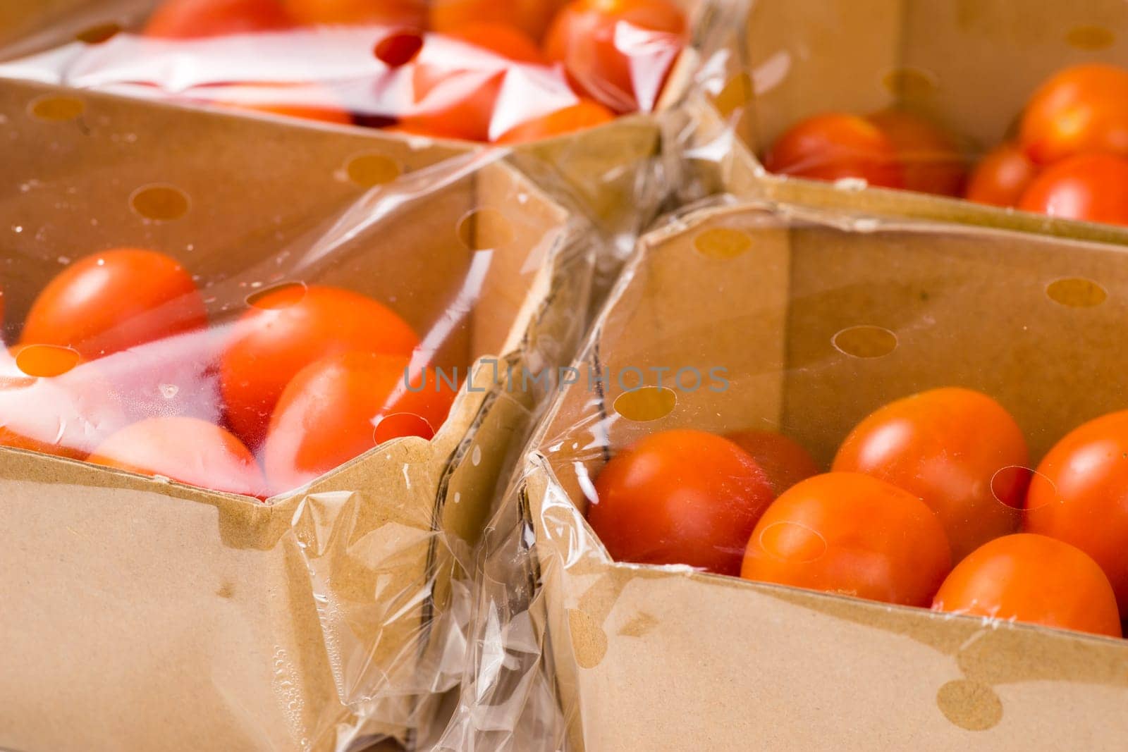 ripe cherry tomatoes packages in box and plastic close up and isolated on white background