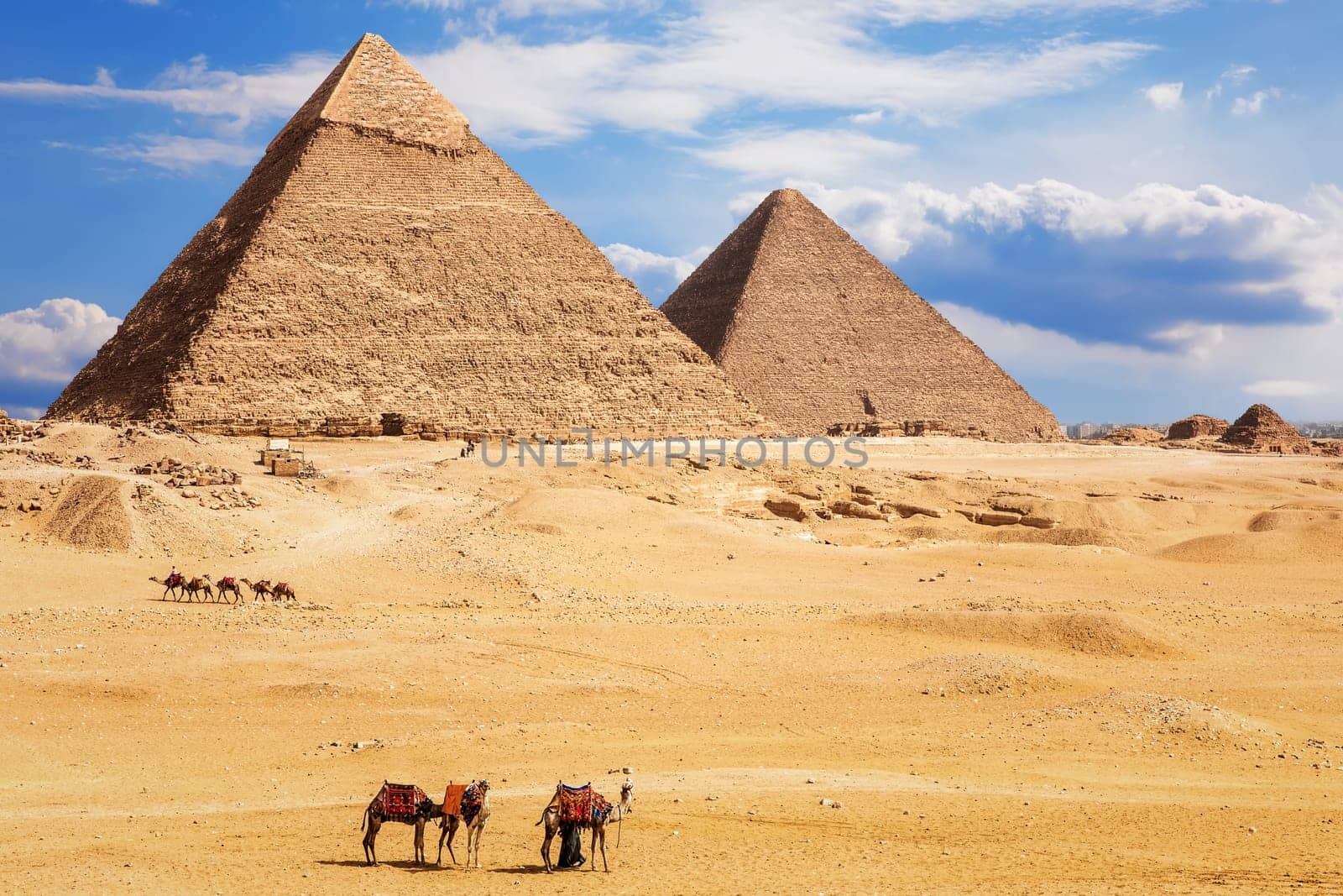 View on the Pyramid of Khafre and the Pyramid of Khufu, desert of Giza, Egypt.