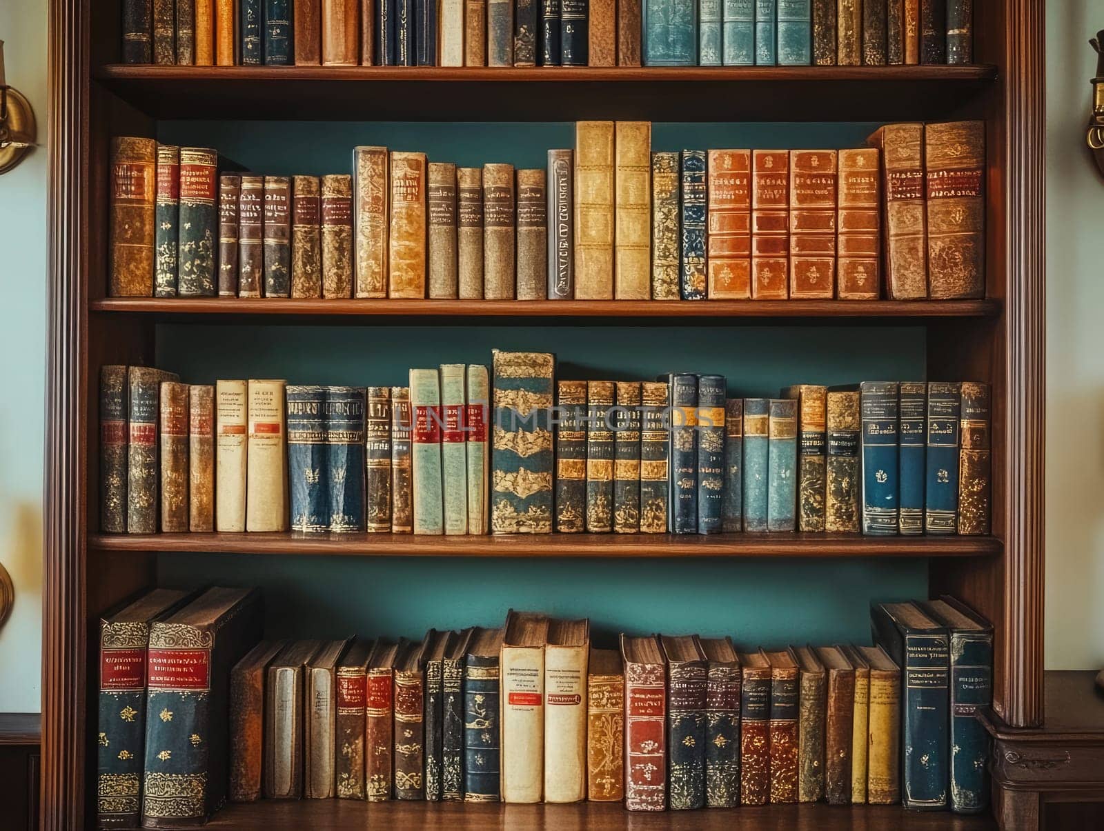 A beautifully arranged bookshelf displays an extensive collection of vintage books with modern decor accents.