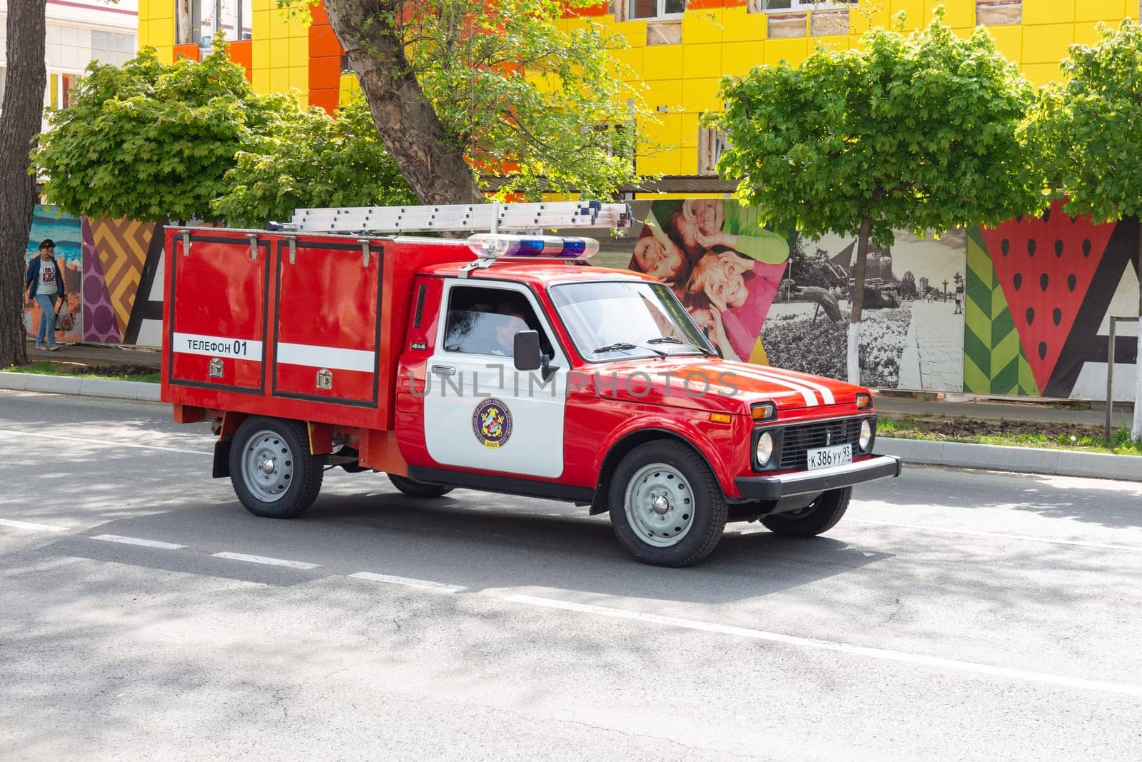 Anapa, Russia - May 1, 2019: Fire truck driving on the road