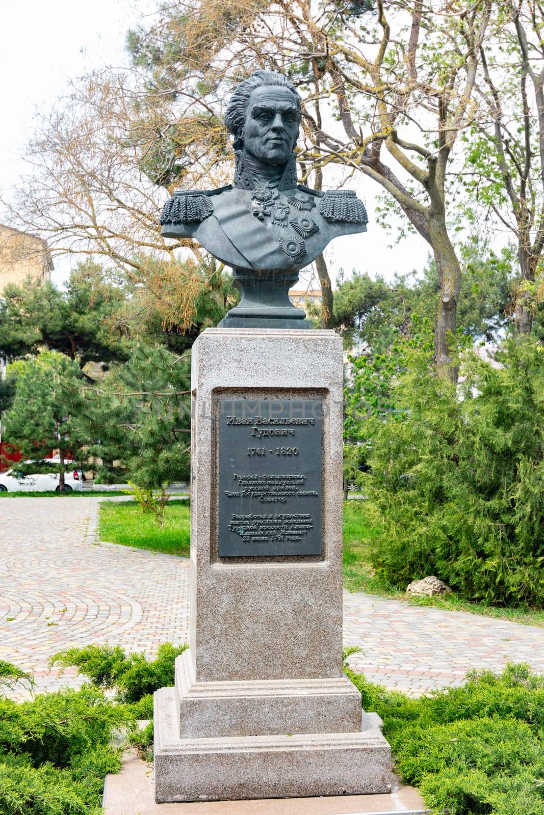 Anapa, Russia - May 1, 2019: Monument to the hero of the Russian-Turkish wars of the 18th century - General Ivan Gudovich, Anapa, Russia