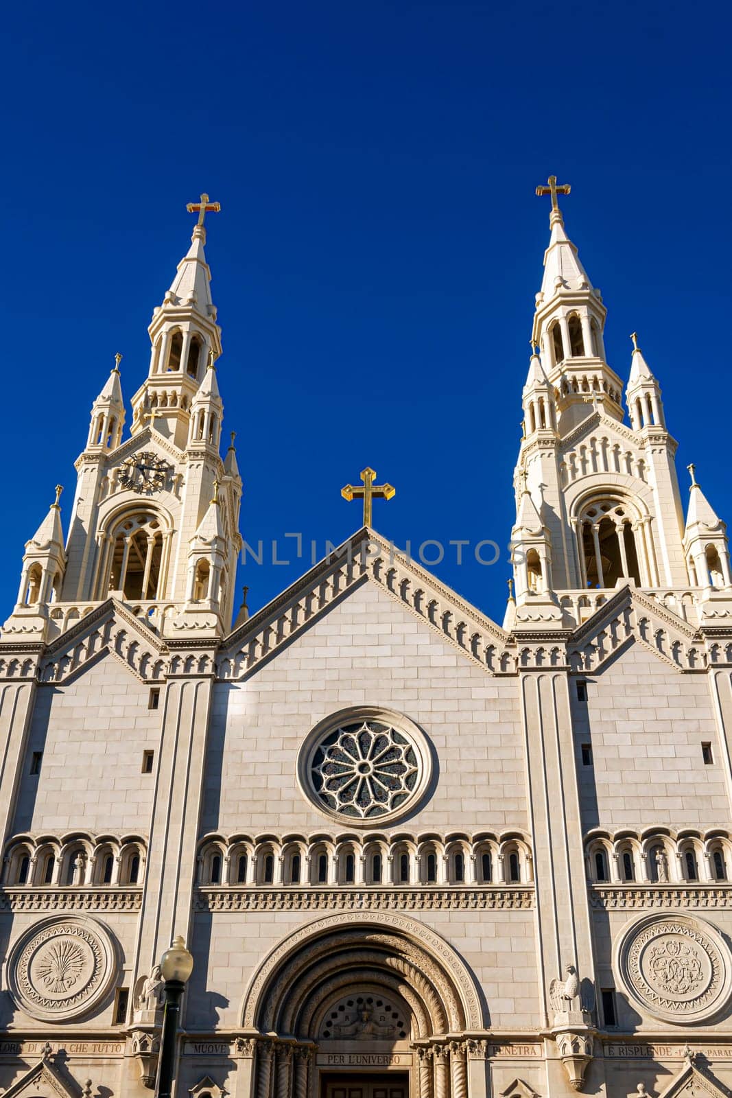 The external facade of the Catholic Church of Saints Peter and Paul in San Francisco's North Beach neighborhood