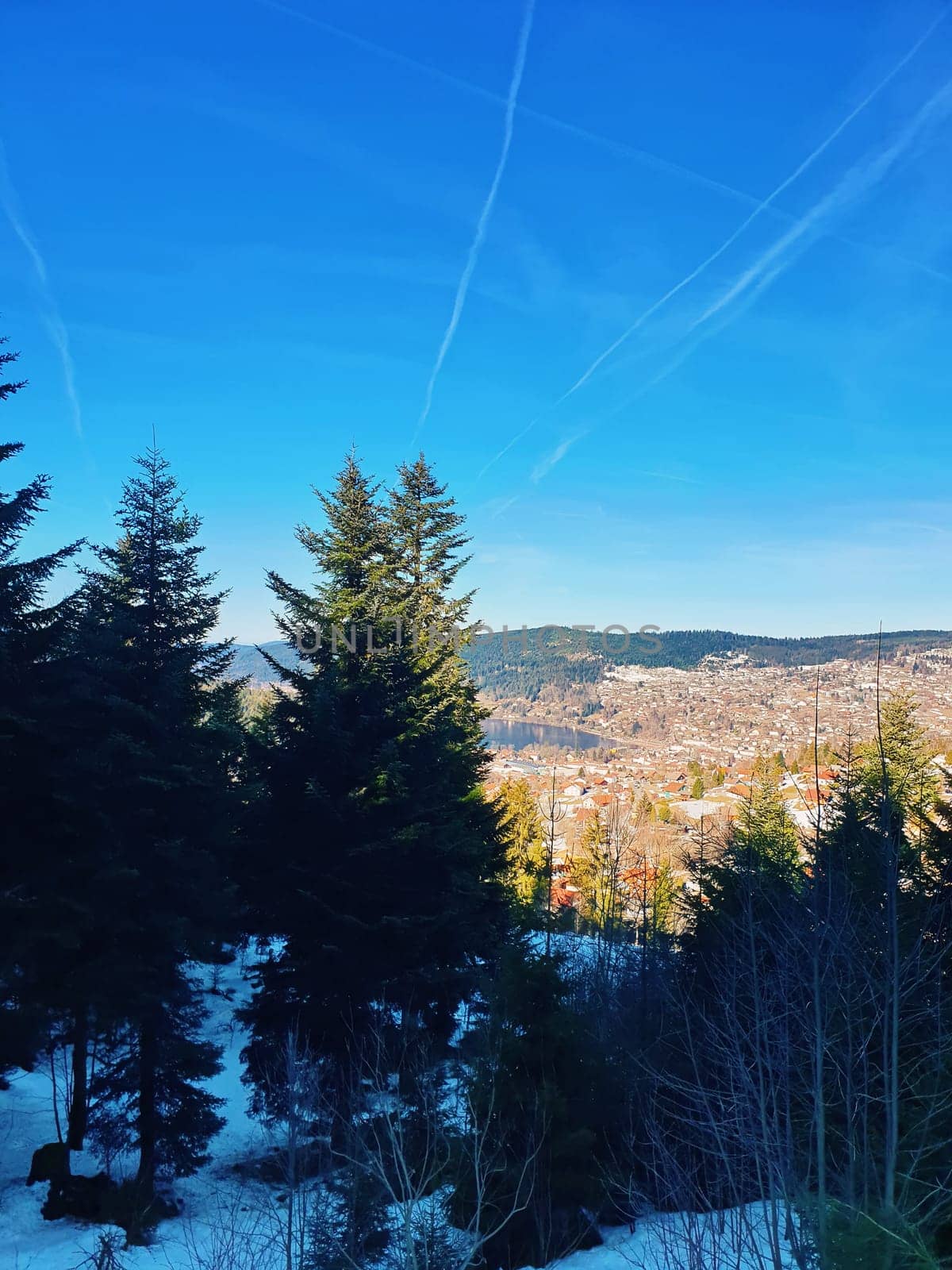 Evergreen coniferous trees on the top of mountain hills in a spring day with picturesque view to the village. Snow melting and a sunny blue sky.