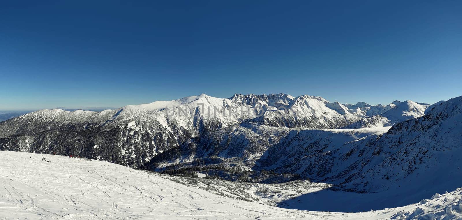 Snow covered Pirin mountains winter panorama.