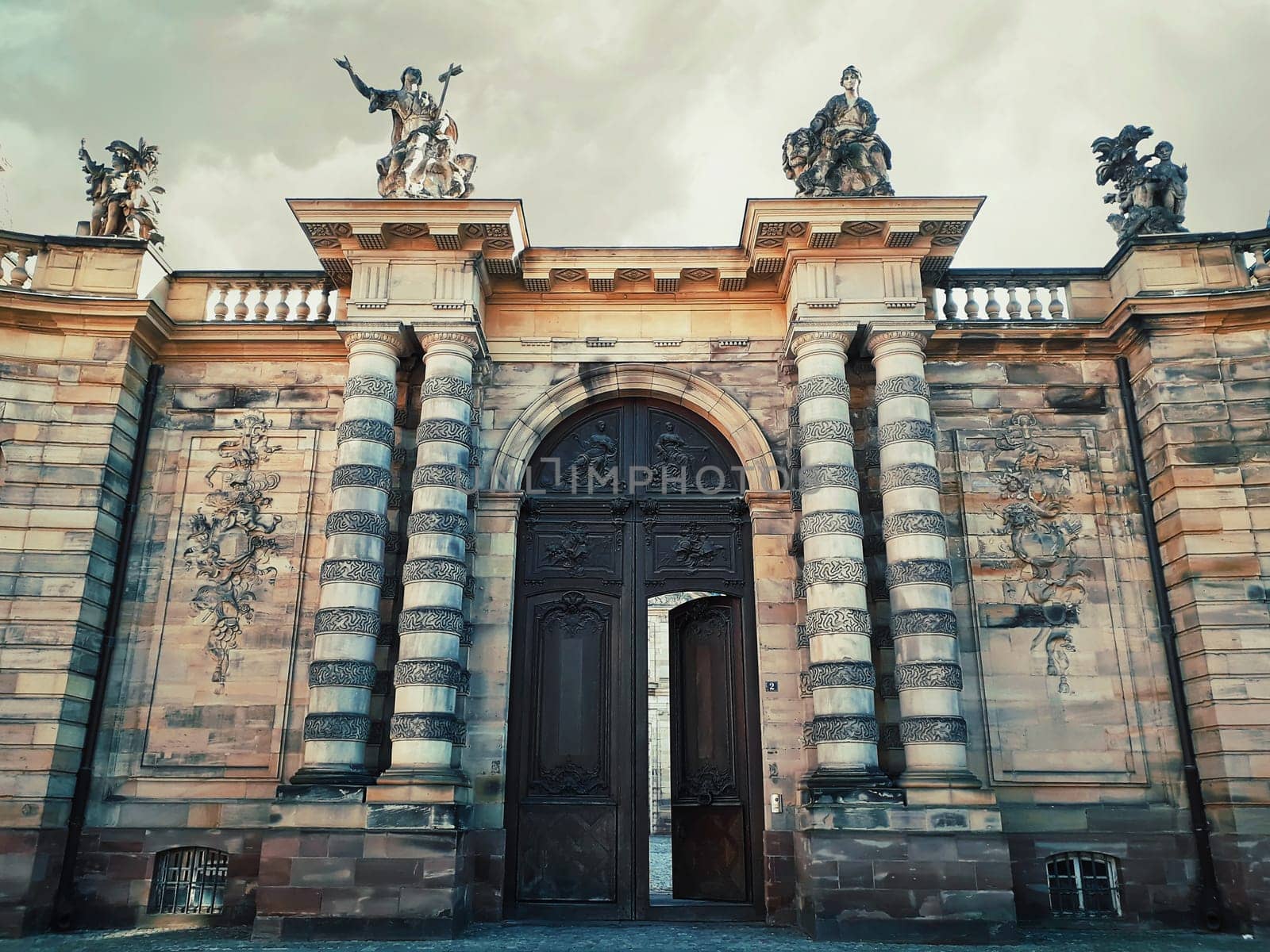 Rohan Palace gate with columns as entrance to Strasbourg city Archaeological Museum, Decorative Arts and Fine Art.