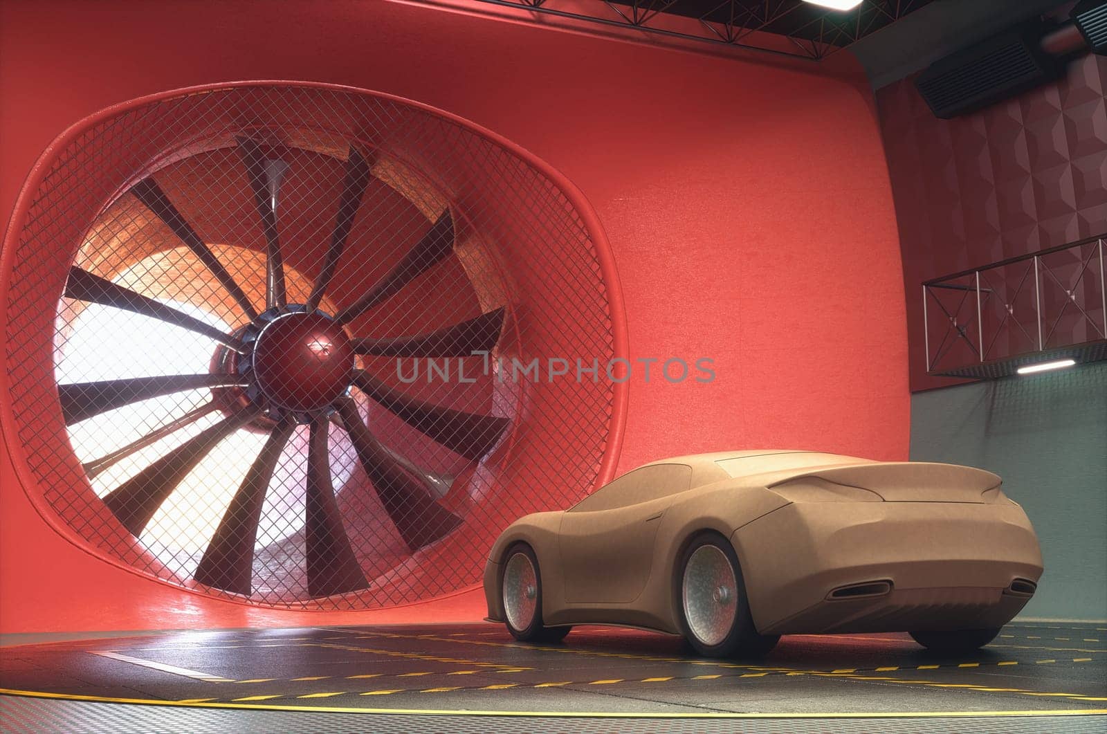 3D illustration. Clay car inside wind tunnel. Design without real car reference and without copyright. Concept sports car, industry of transportation.