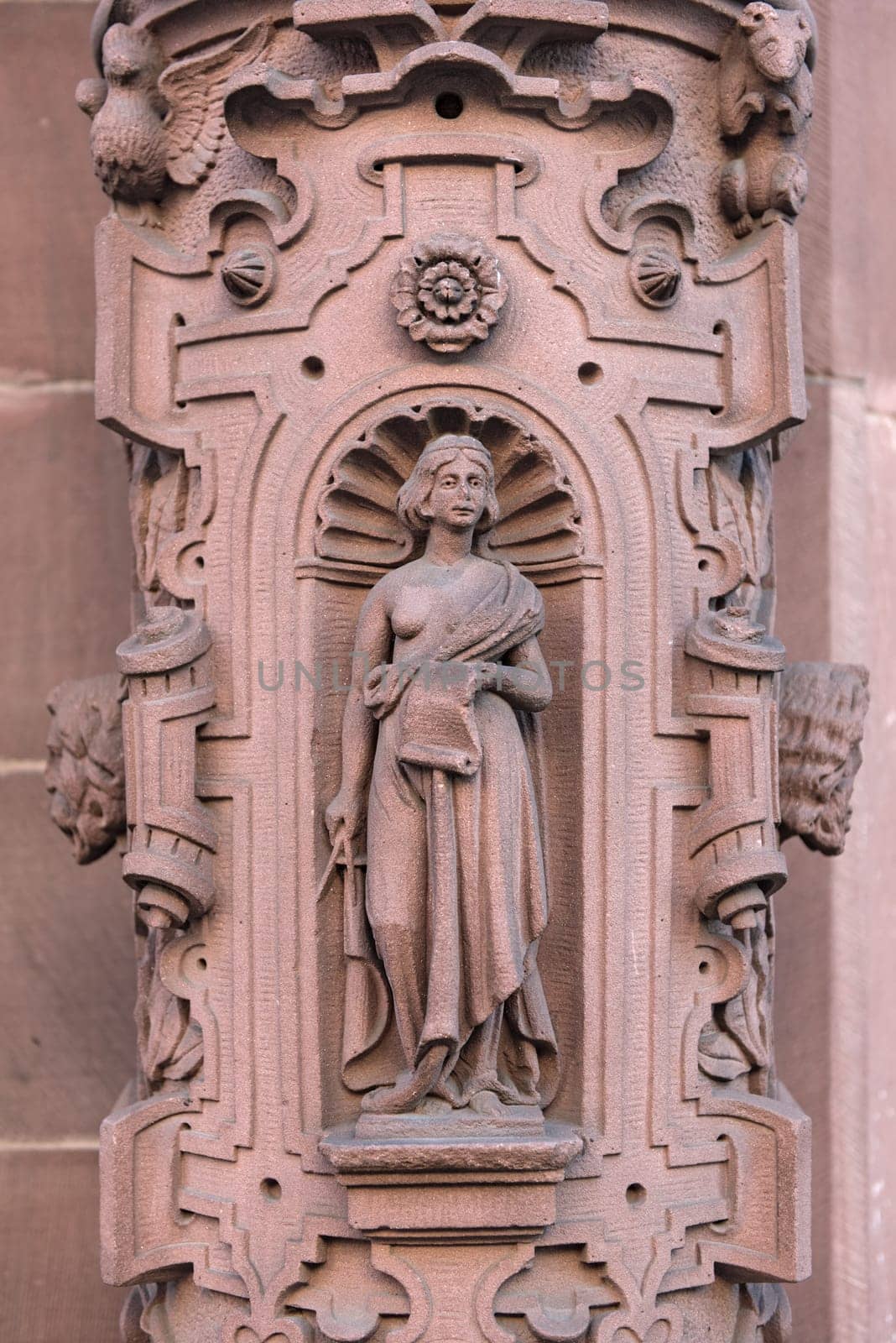 sandstone sculpture on the outer facade of the rathaus roemer frankfurt am main germany