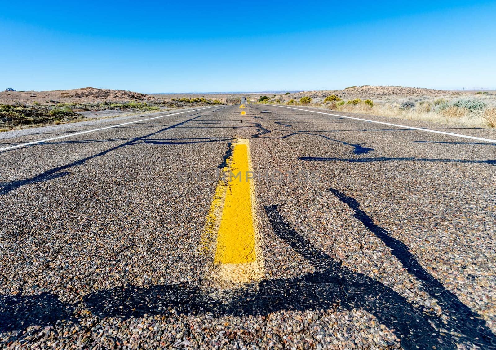 View of an endless straight road running through the desert in the USA