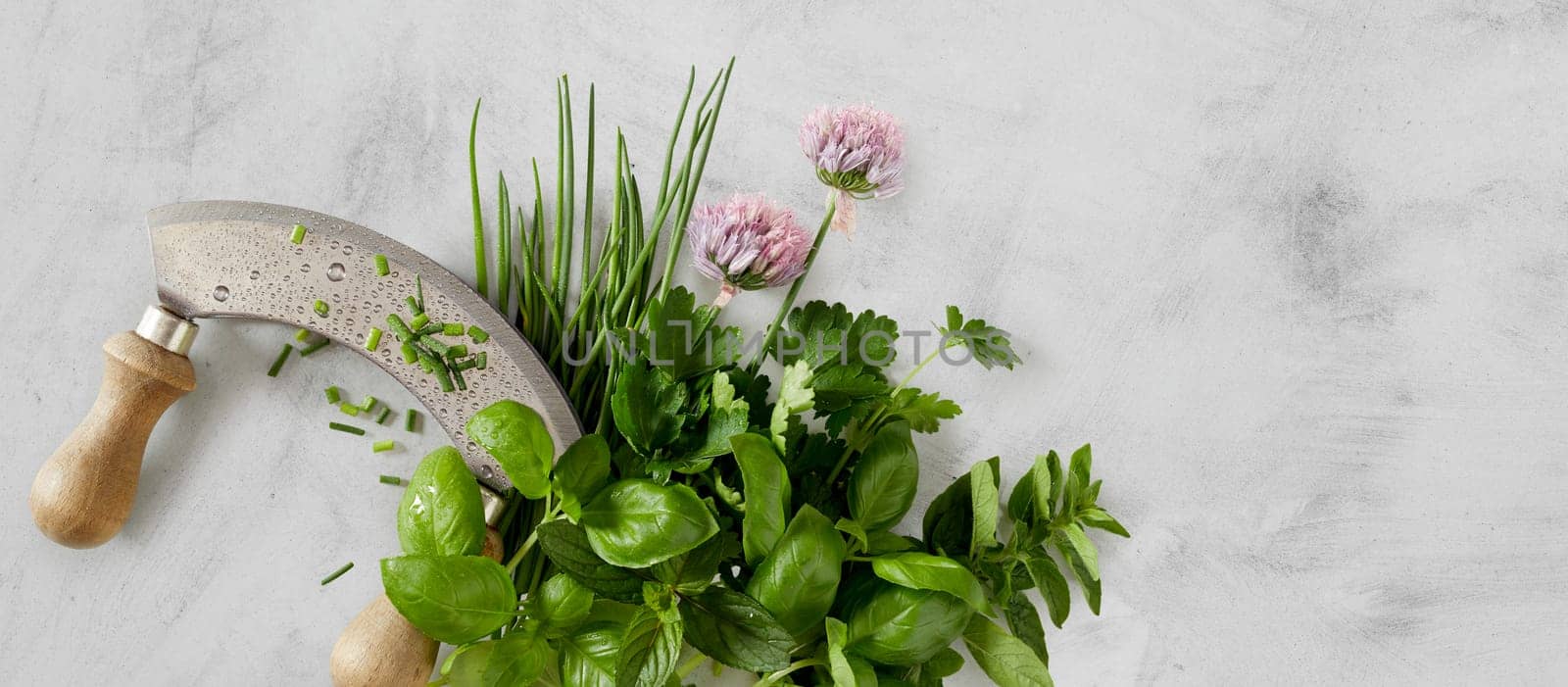 Panorama banner of assorted fresh culinary herbs with a mezzaluna knife and edible flowers with chives, basil, mint and coriander over mottled grey with copy space