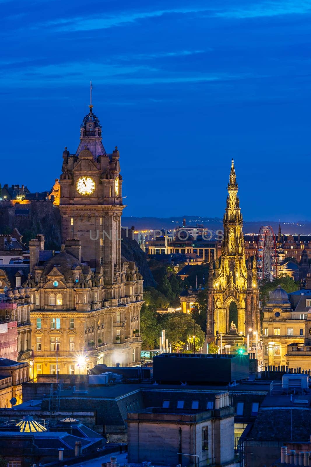 Edinburgh Cityscape from Calton Hill sunset dusk, Edinburgh, Scotland UK