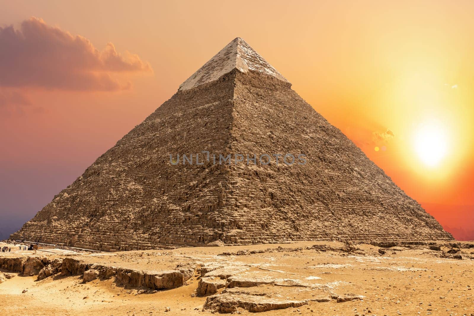 Famous Pyramid of Chephren and the sunset in Giza.