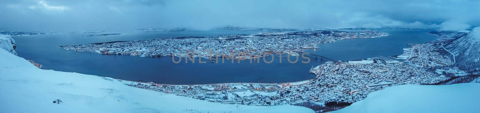 Panoramic aerial view of the city of Tromso in winter, Northern Norway