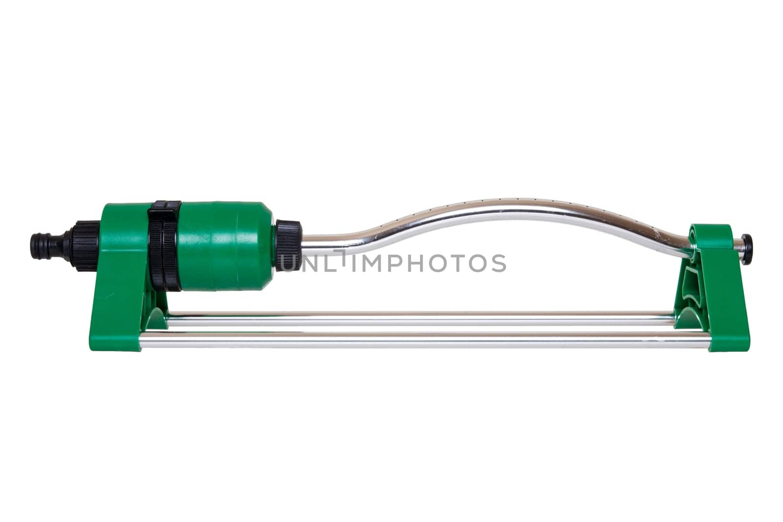 Equipment for watering garden. Closeup of a automatic sprinkler for irrigation of lawn or grass isolated on a white background.