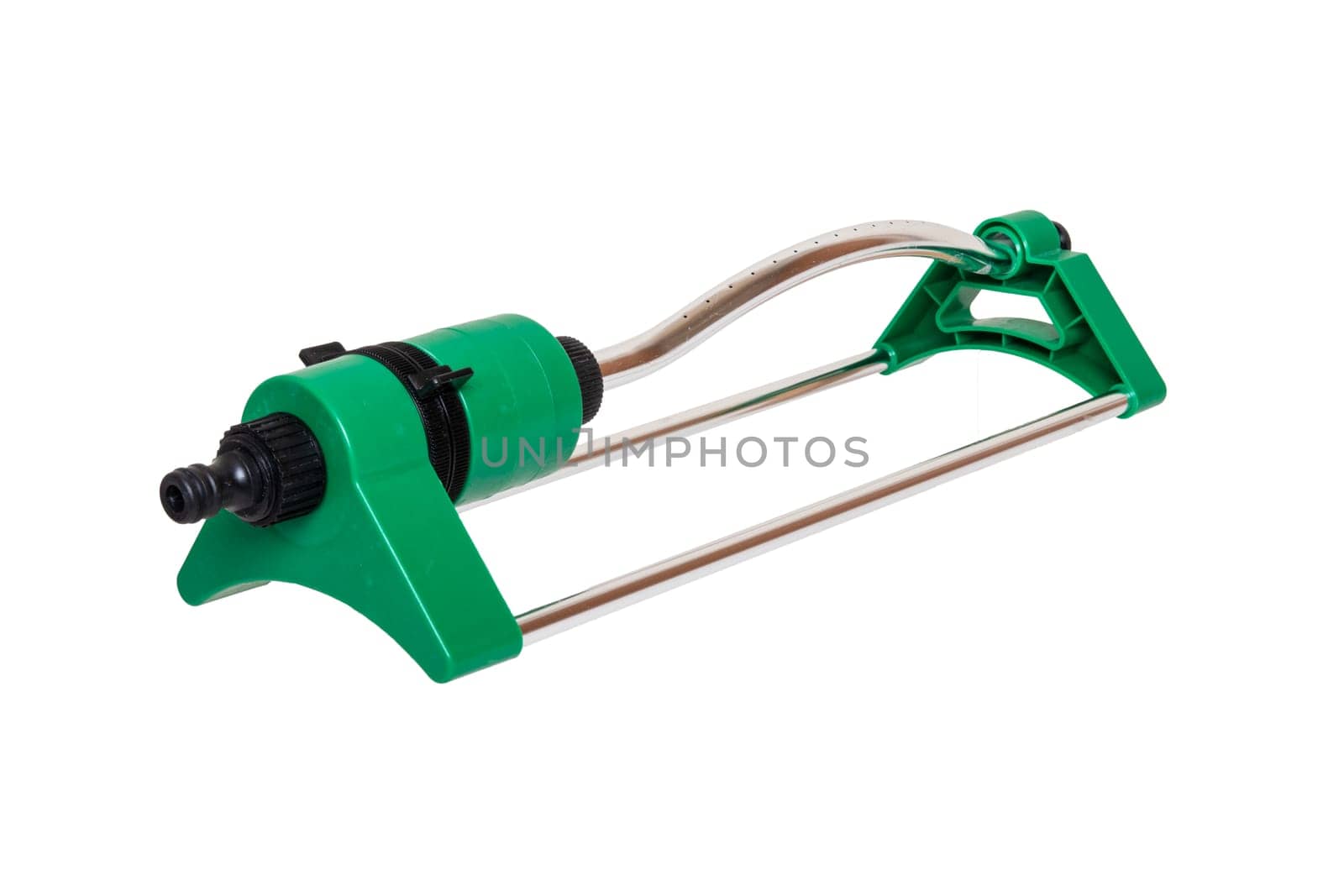 Equipment for watering garden. Closeup of a automatic sprinkler for irrigation of lawn or grass isolated on a white background.
