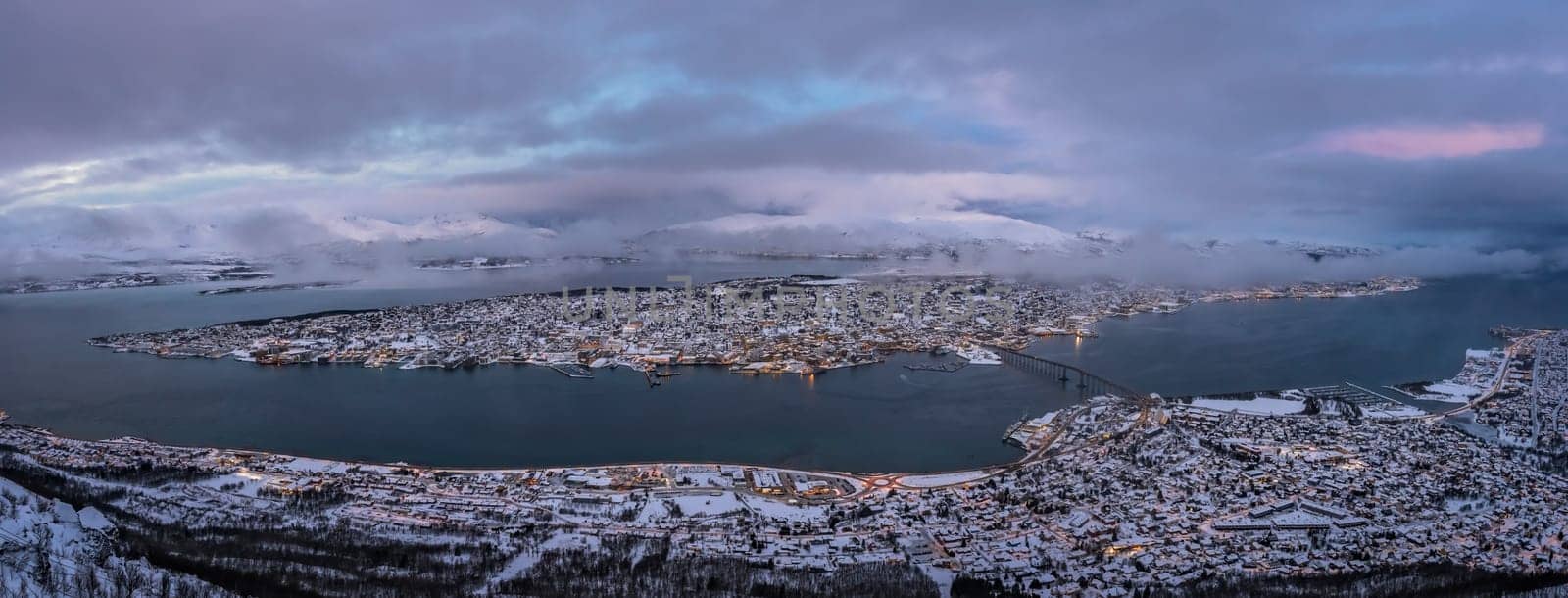 Panoramic aerial view of the city of Tromso in winter, Northern Norway