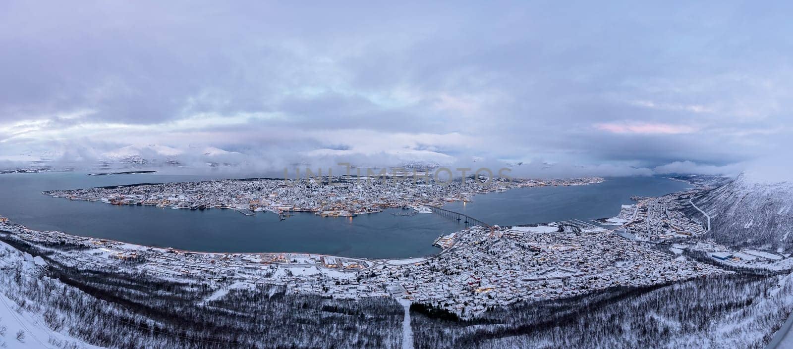Panoramic aerial view to the city of Tromso in winter, Northern Norway