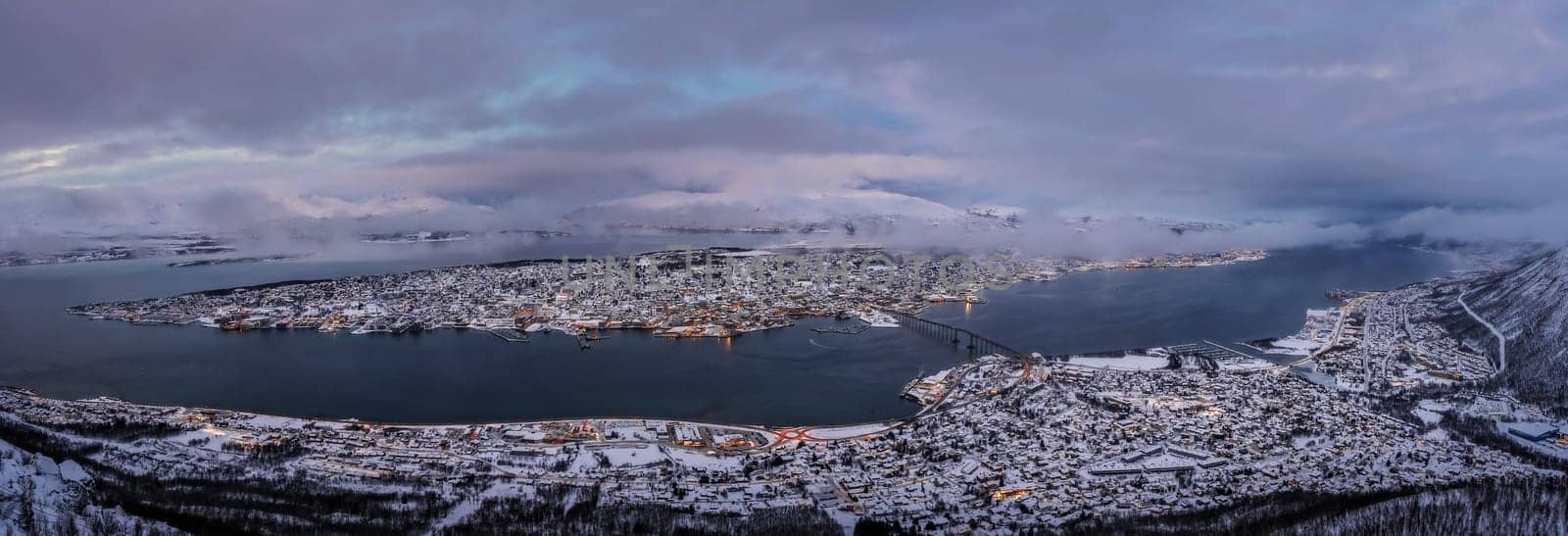 Panoramic aerial view of the city of Tromso in winter, Northern Norway