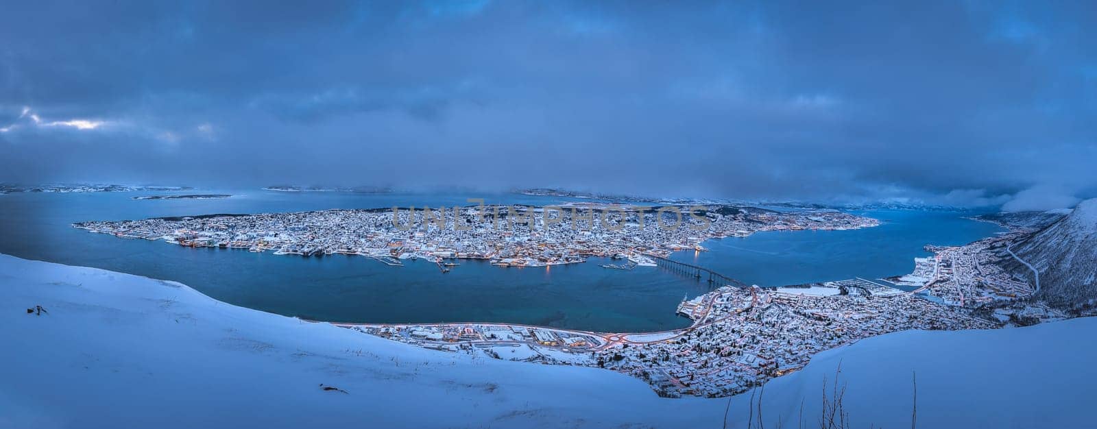Panoramic aerial view to the city of Tromso in winter, Northern Norway