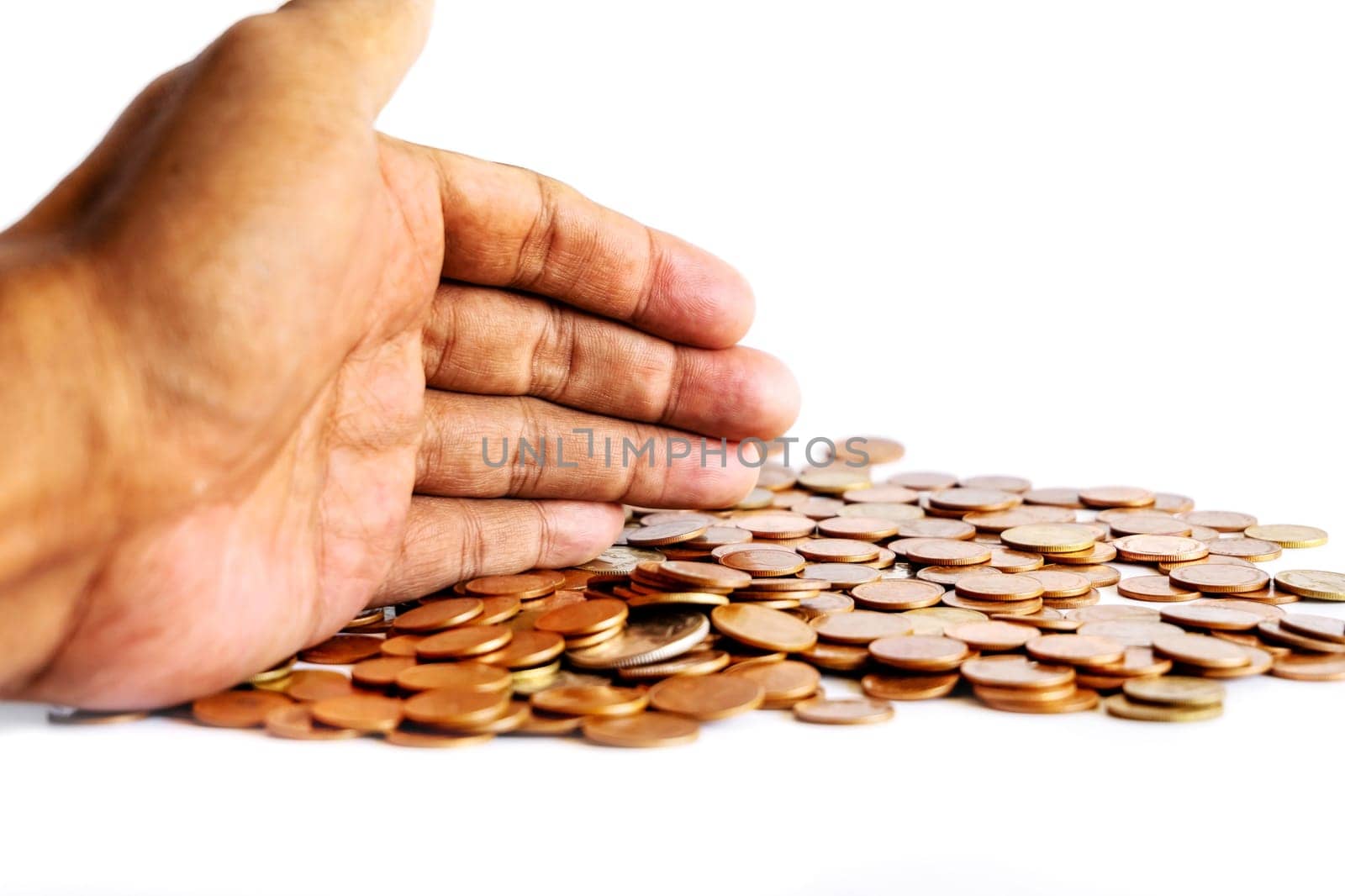 Save money and account banking for finance business concept, Hand with coin money on white background, Savings for retirement and investing concept