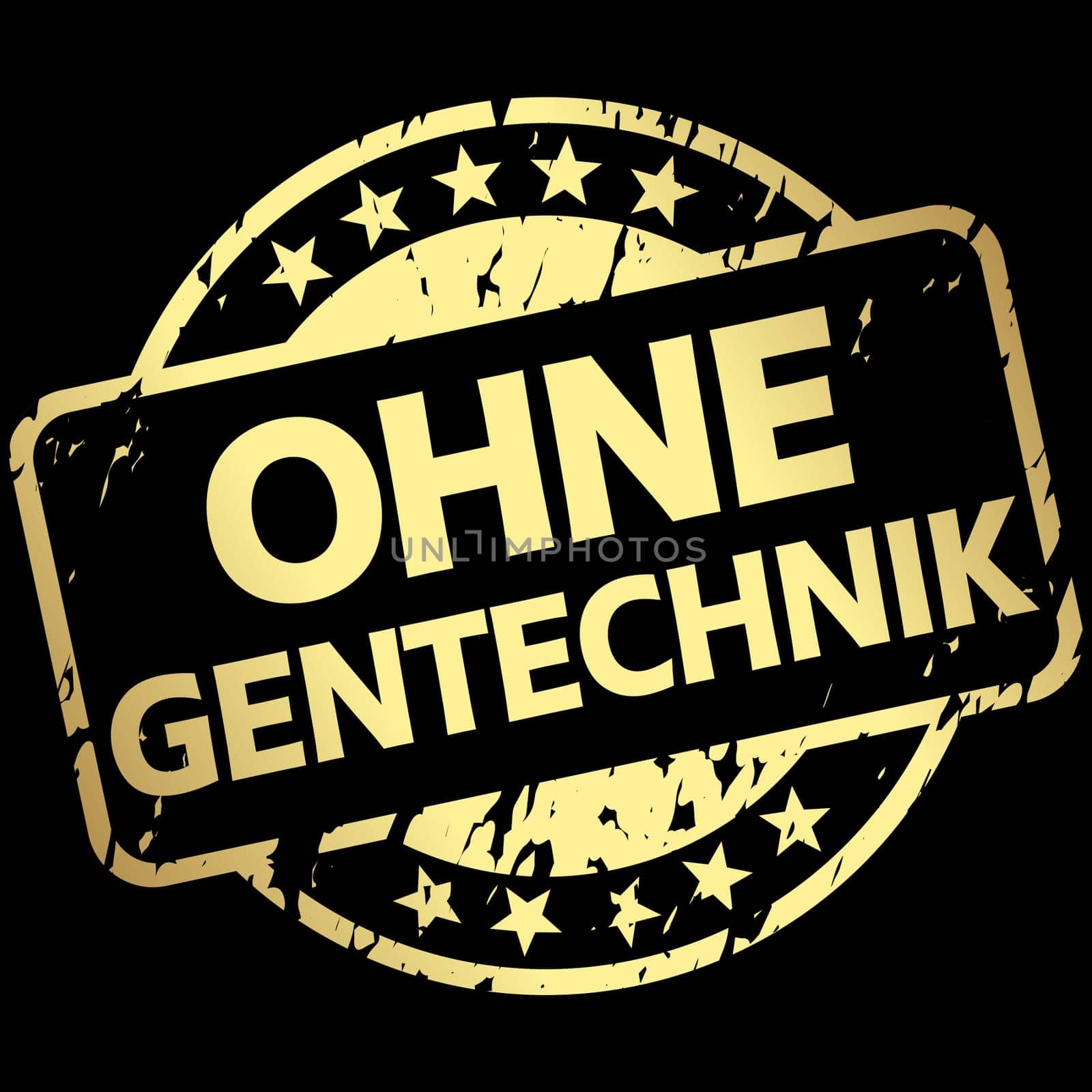 EPS 10 vector with round golden colored stamp with banner and text without genetic engineering (in german)