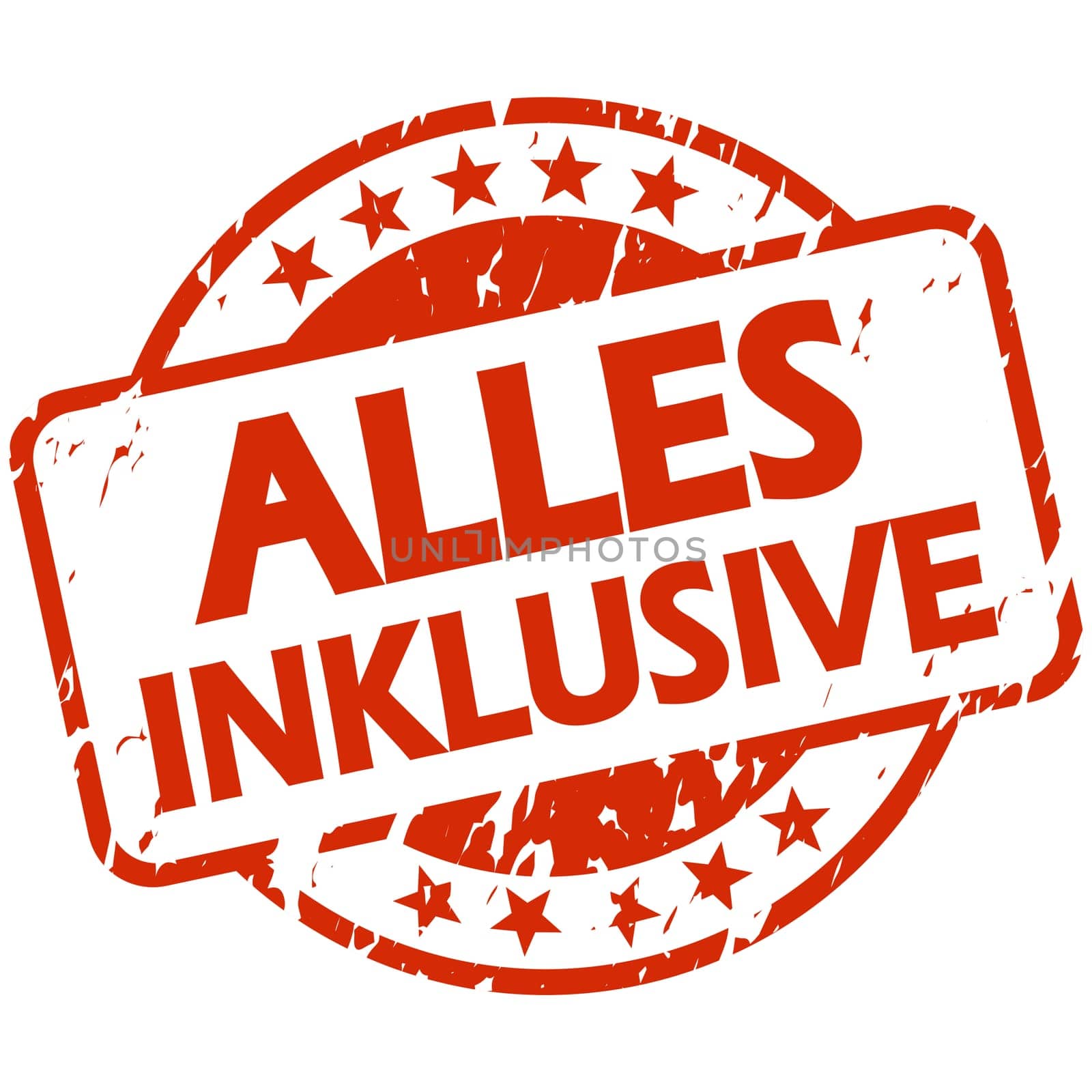 EPS 10 vector with round red colored stamp with banner and text all inclusive (in german)